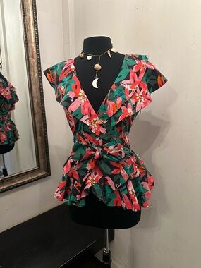 Marissa Webb Floral Ruffle V-Neck Peplum Top